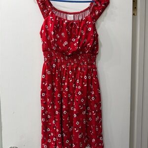 Red Floral Midi Dress with Smocked Waist